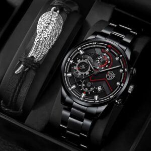 Men Round Quartz Watch & Feather Bracelet